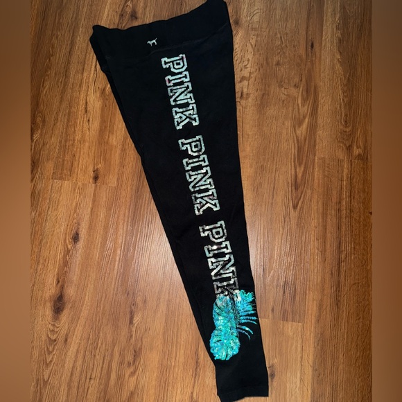 PINK Victoria's Secret Tropical Silver & Teal  Bling Yoga Leggings - Picture 2 of 3